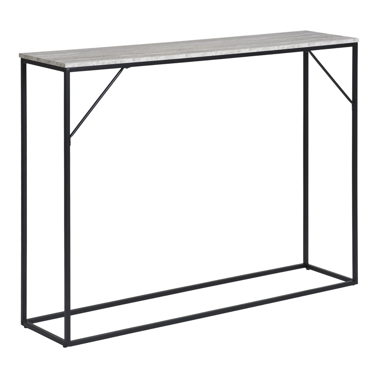 Consolle Vita effetto travertino con ripiano e telaio in metallo nero 110x26x80 cm