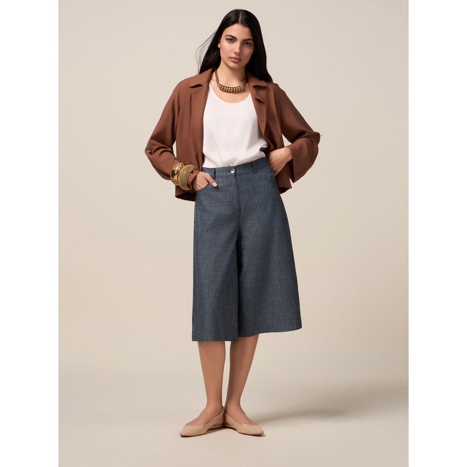 Oltre - Bermuda misto lino effetto denim - Blu