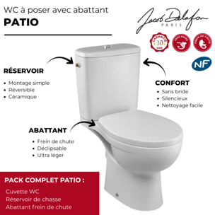 WC à poser sans bride sortie horizontale Patio avec abattant frein de chute déclipsable