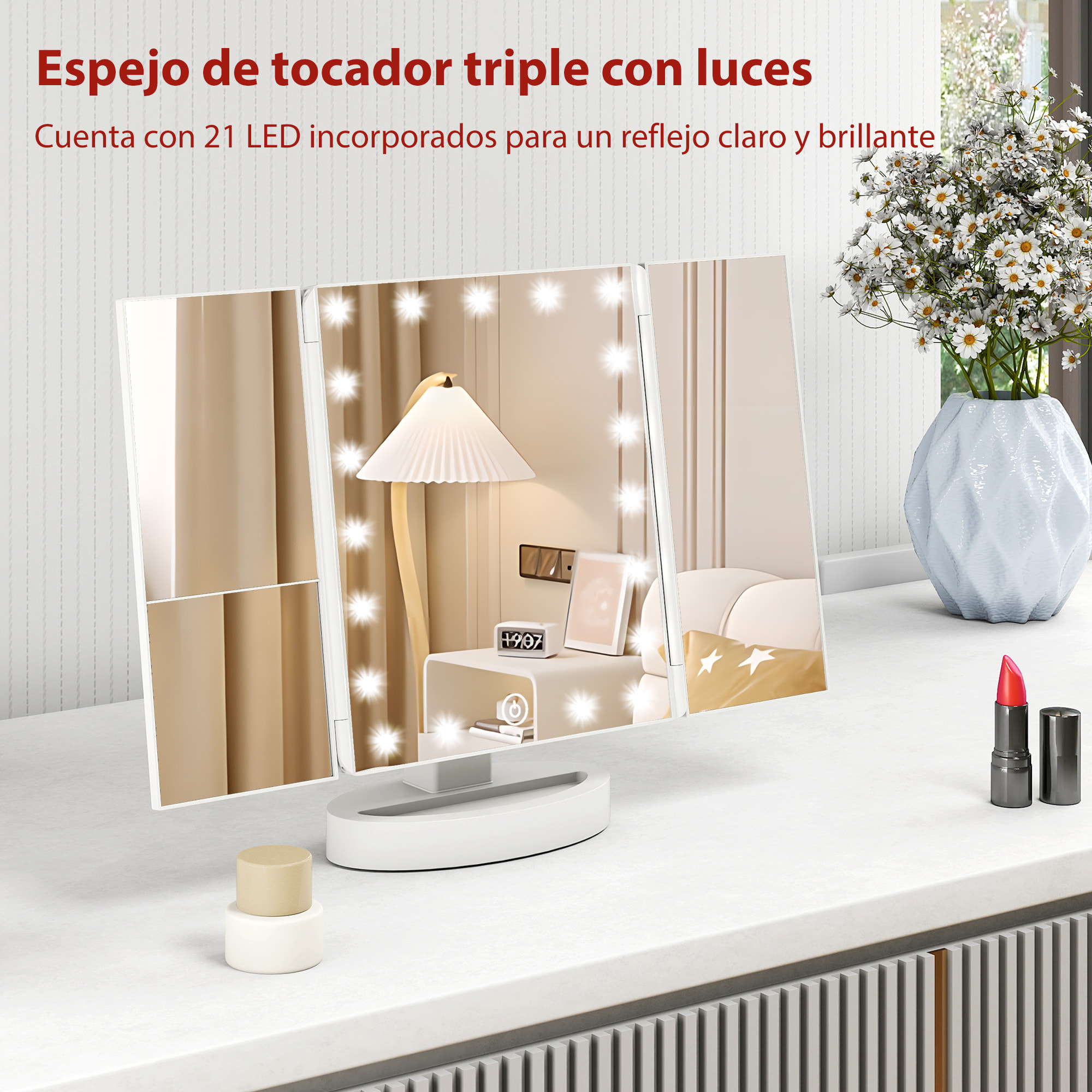 Espejo Maquillaje con Luz, Espejo Tocador Triple, con Aumento 1X/2X/3X, Rotación Libre de 180°, 21 Luces LED, Interruptor Táctil, Fuente de Alimentación Dual, Blanco