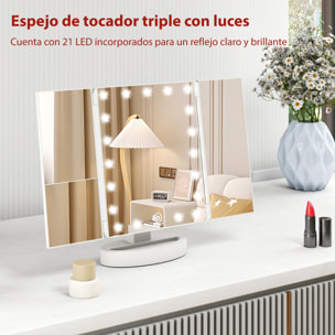Espejo Maquillaje con Luz, Espejo Tocador Triple, con Aumento 1X/2X/3X, Rotación Libre de 180°, 21 Luces LED, Interruptor Táctil, Fuente de Alimentación Dual, Blanco