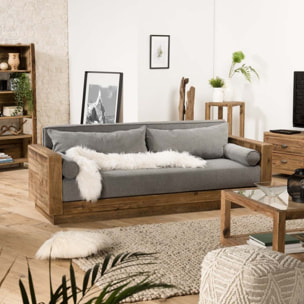 SANDY - Canapé 3 places bois Pin recyclé marron tissu gris