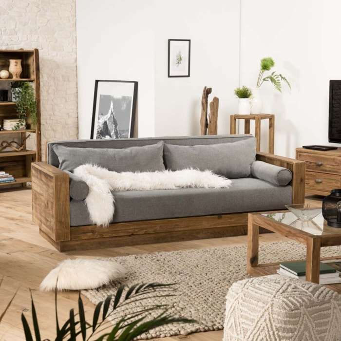 SANDY - Canapé 3 places bois Pin recyclé marron tissu gris