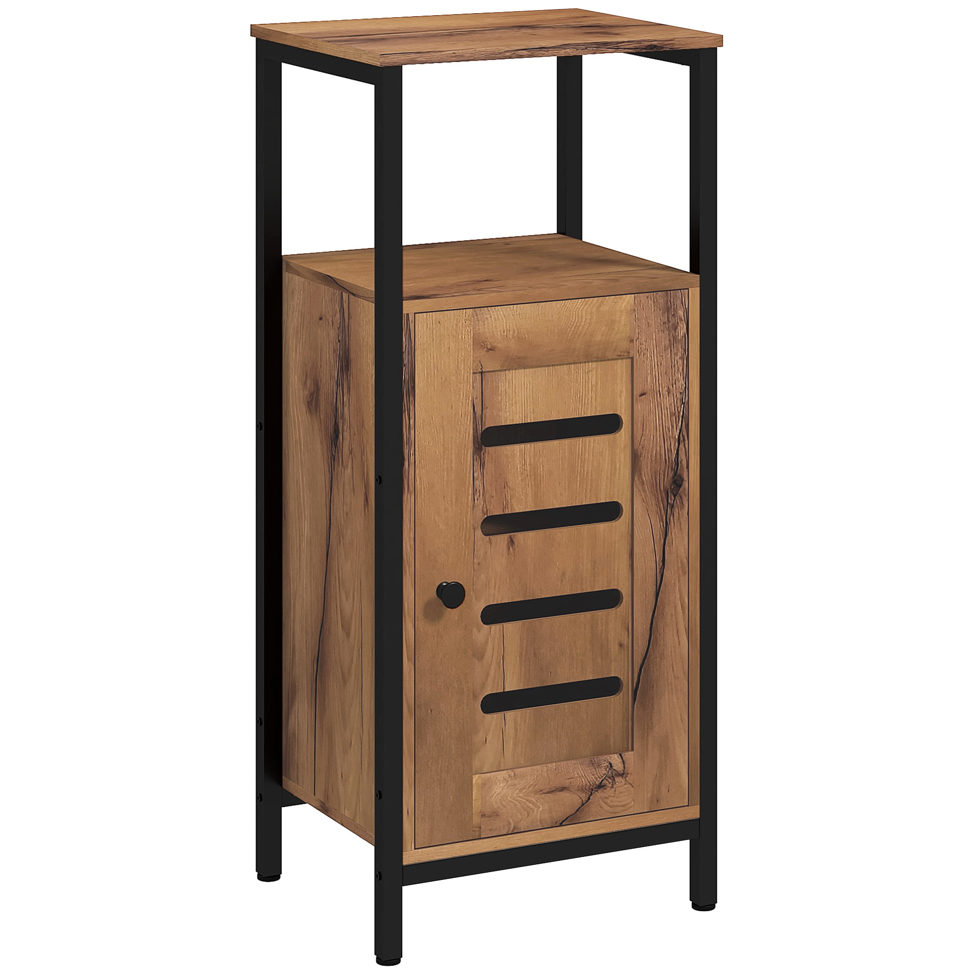 Meuble bas de salle de bain avec porte, armoire de toilette structure en acier, meuble colonne sur pied avec niche ouverte et étagère réglable, 37 x 30 x 85 cm, brun rustique