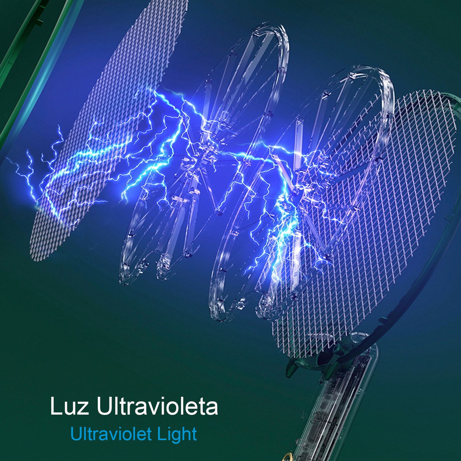 Racchetta elettrica W1 a doppio uso, uccide zanzare, mosche e falene. Batteria al litio. Luce ultravioletta 360°.