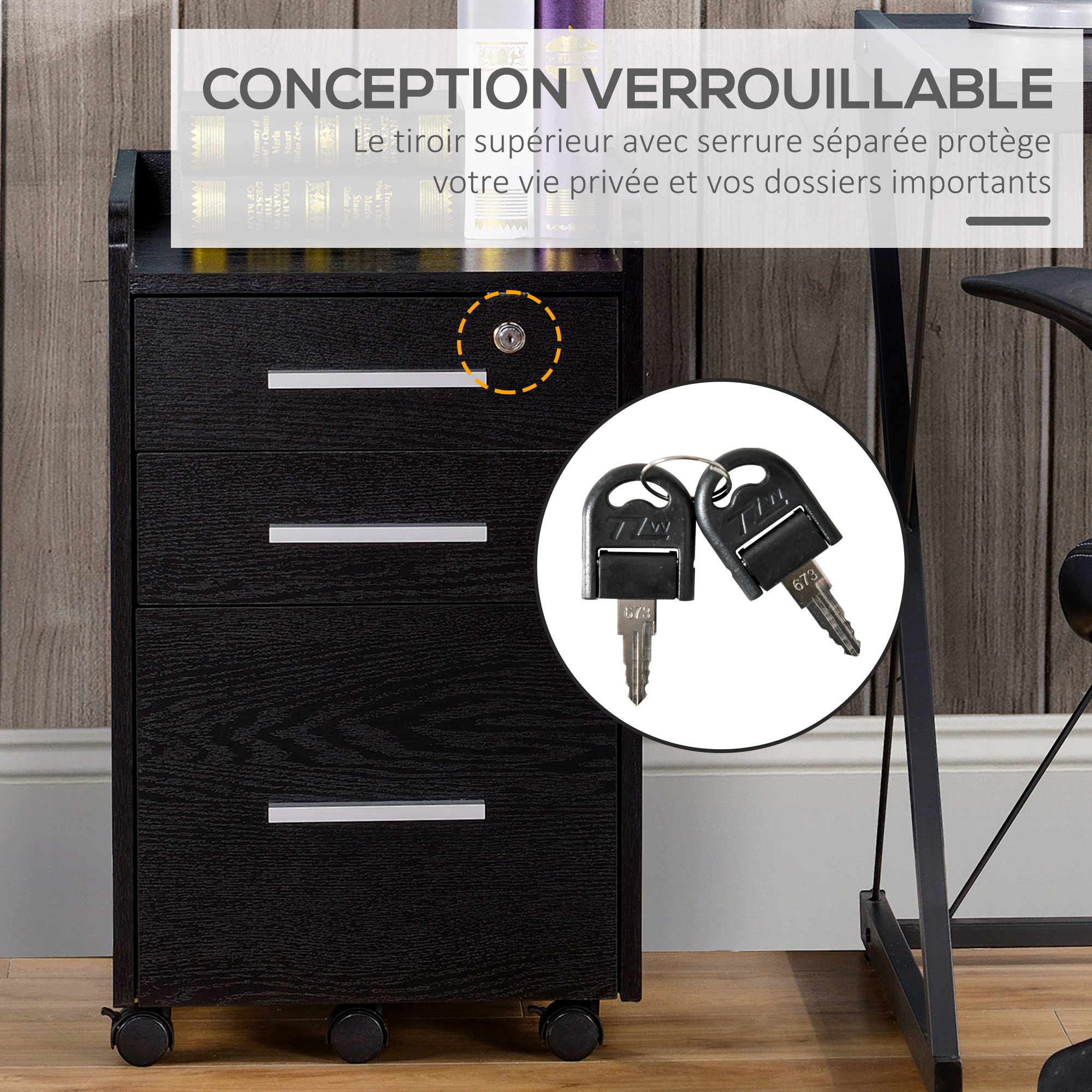 Caisson de bureau rangement bureau sur roulettes 3 tiroirs 1 verrouillable 1 trieur dossiers effet bois noir