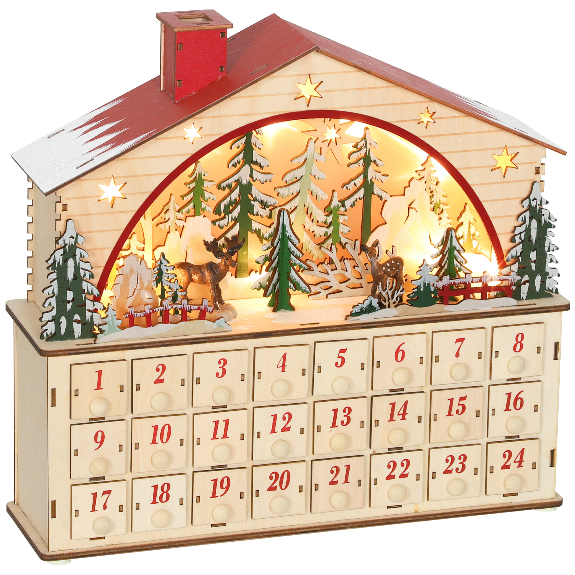 Calendario de Adviento para Rellenar de Madera, con Luces LED y 24 Cajones, Calendario de Adviento de Navidad Reutilizable con Escena de Pueblo, Decoración Navideña, 36x10x34 cm, Natural