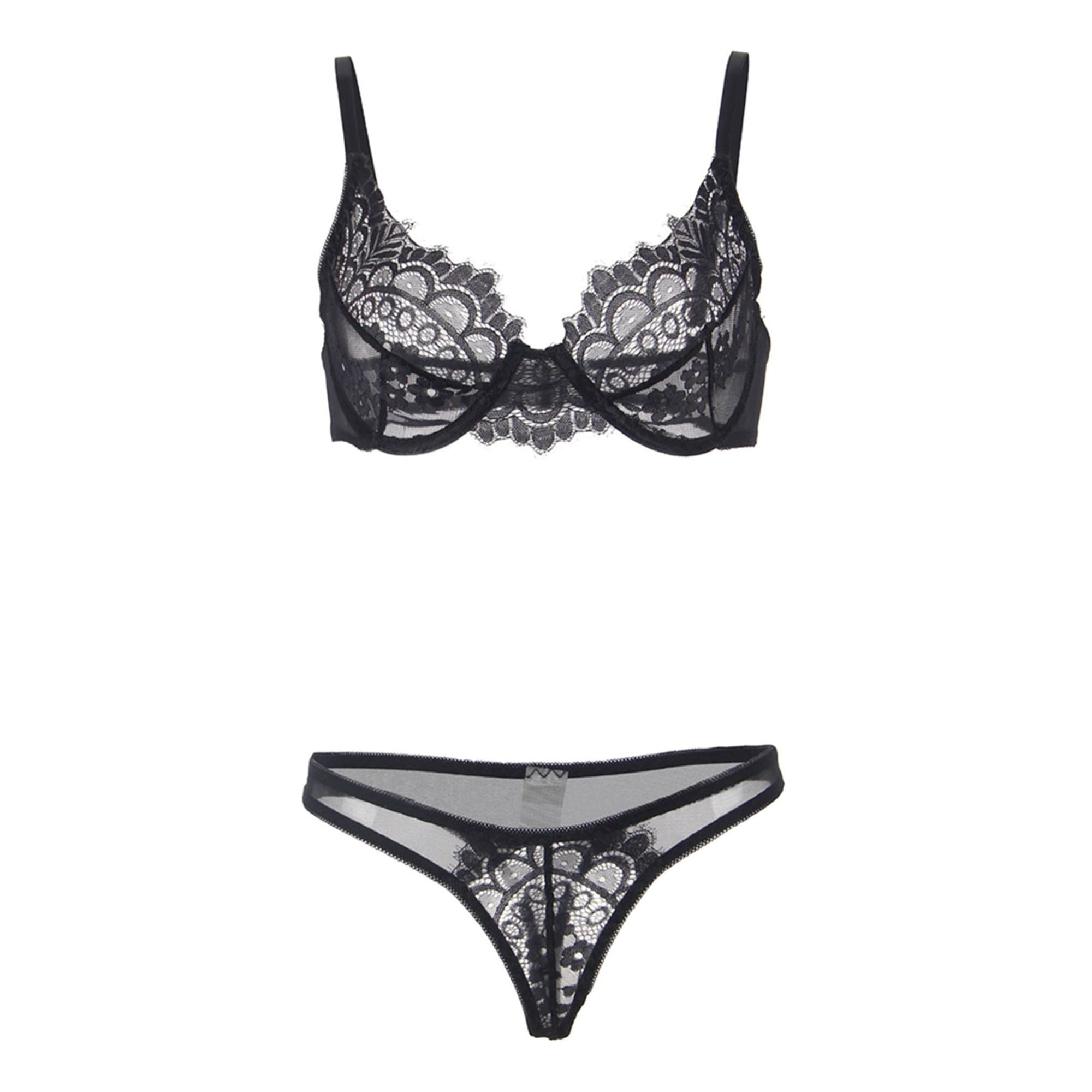 Conjunto de sujetador de encaje y tanga, Negro