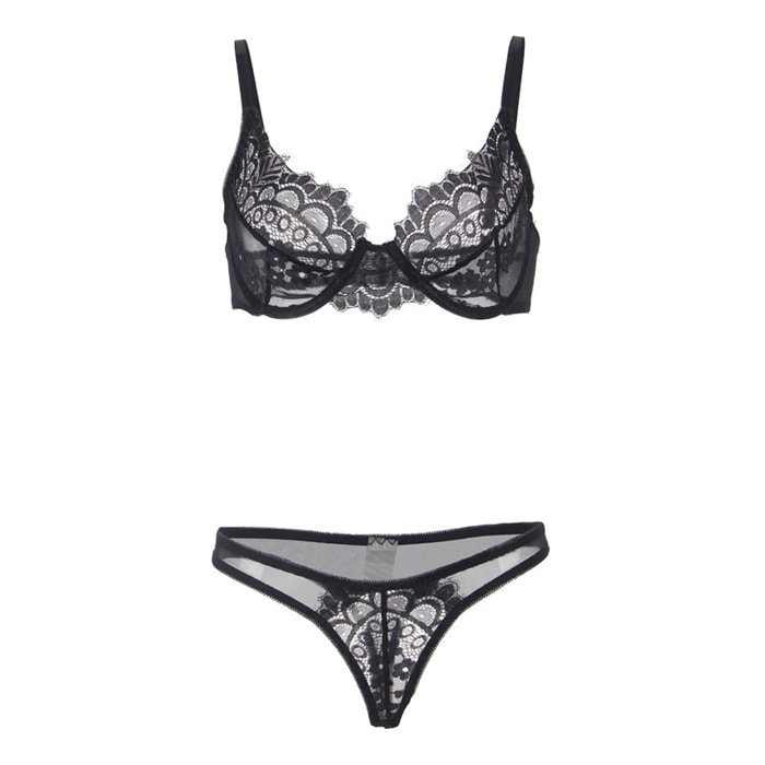 Conjunto de sujetador de encaje y tanga, Negro
