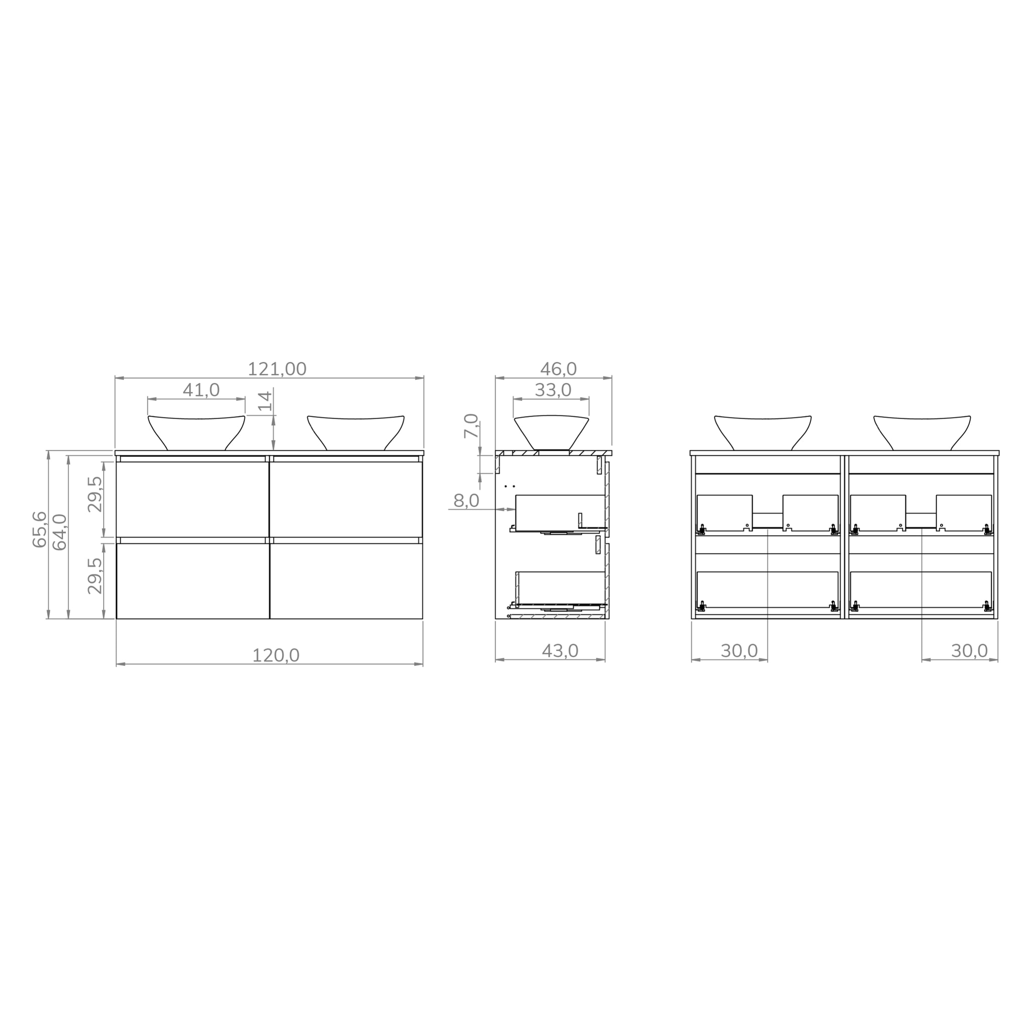 Conjunto de Baño Kaji | Mueble de Baño Suspendido | 120 cm Teka| Cuatro Cajones | Lavabo Redondo sobre Encimera | No incluye Espejo | Alday