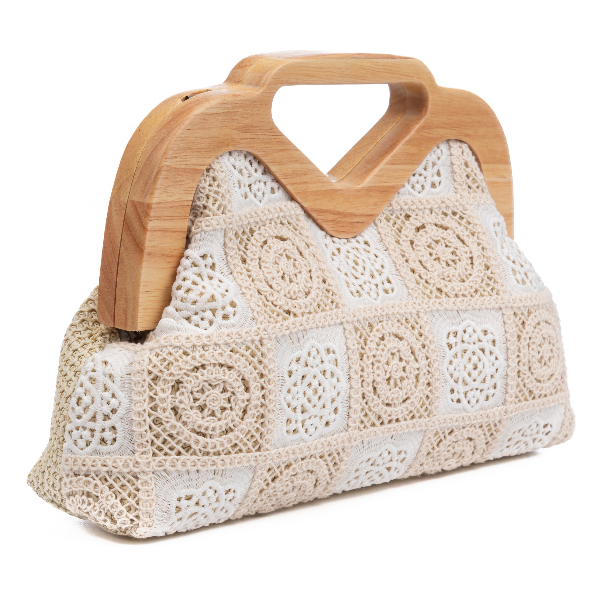Bisenzio Bolso de mano Mujer. Fabricado en madera natural, algodón y paja trenzada.