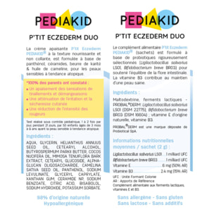 PEDIAKID - P'tit Eczederm Duo - Duo complet IN & OUT - Complément alimentaire probiotiques & crème apaisante naturelle - Peau sensible & sèche -  21 sachets + 1 tube