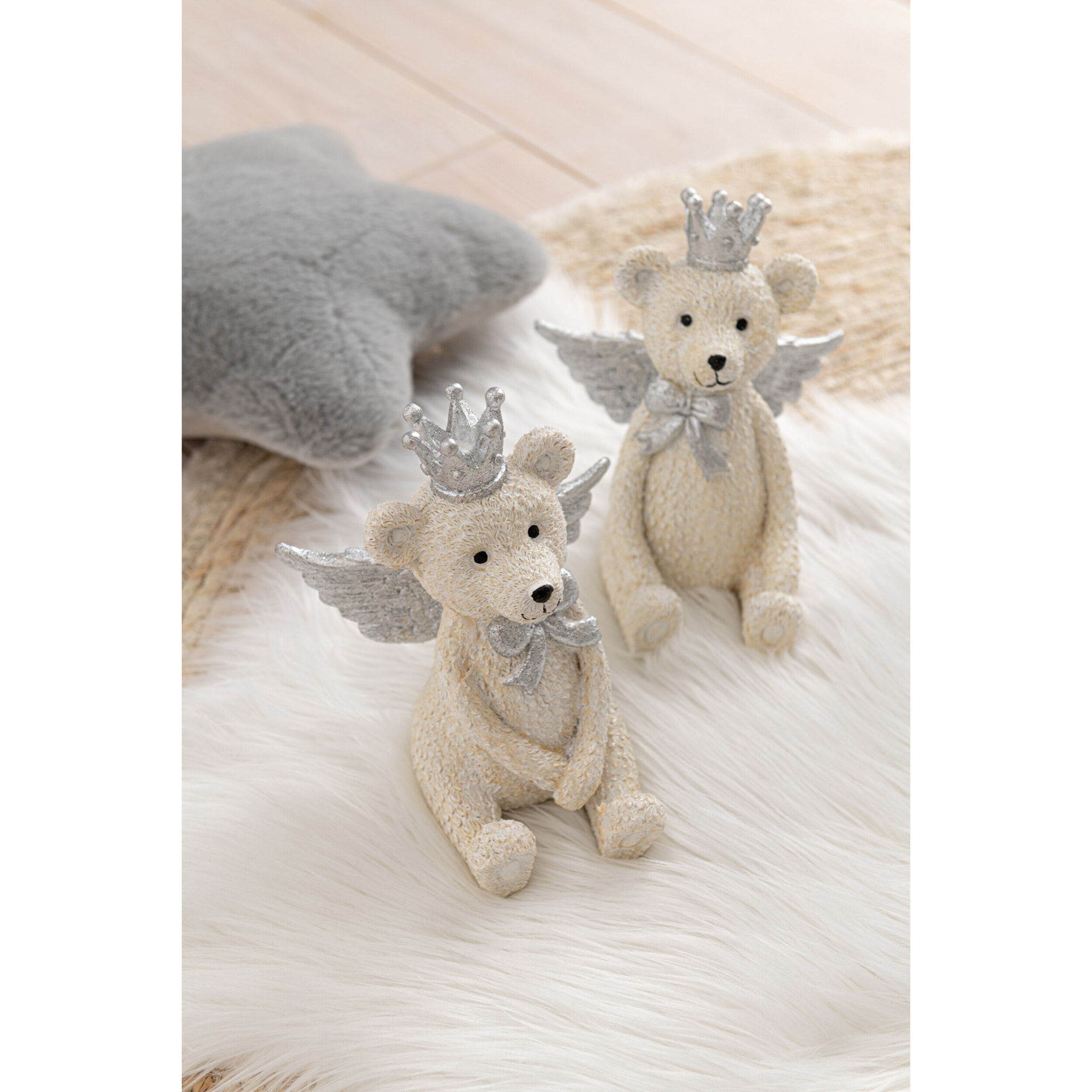 J-Line décoration tirelire Ours - polyrésine - Couronne - blanc/gris - large - 2 pcs