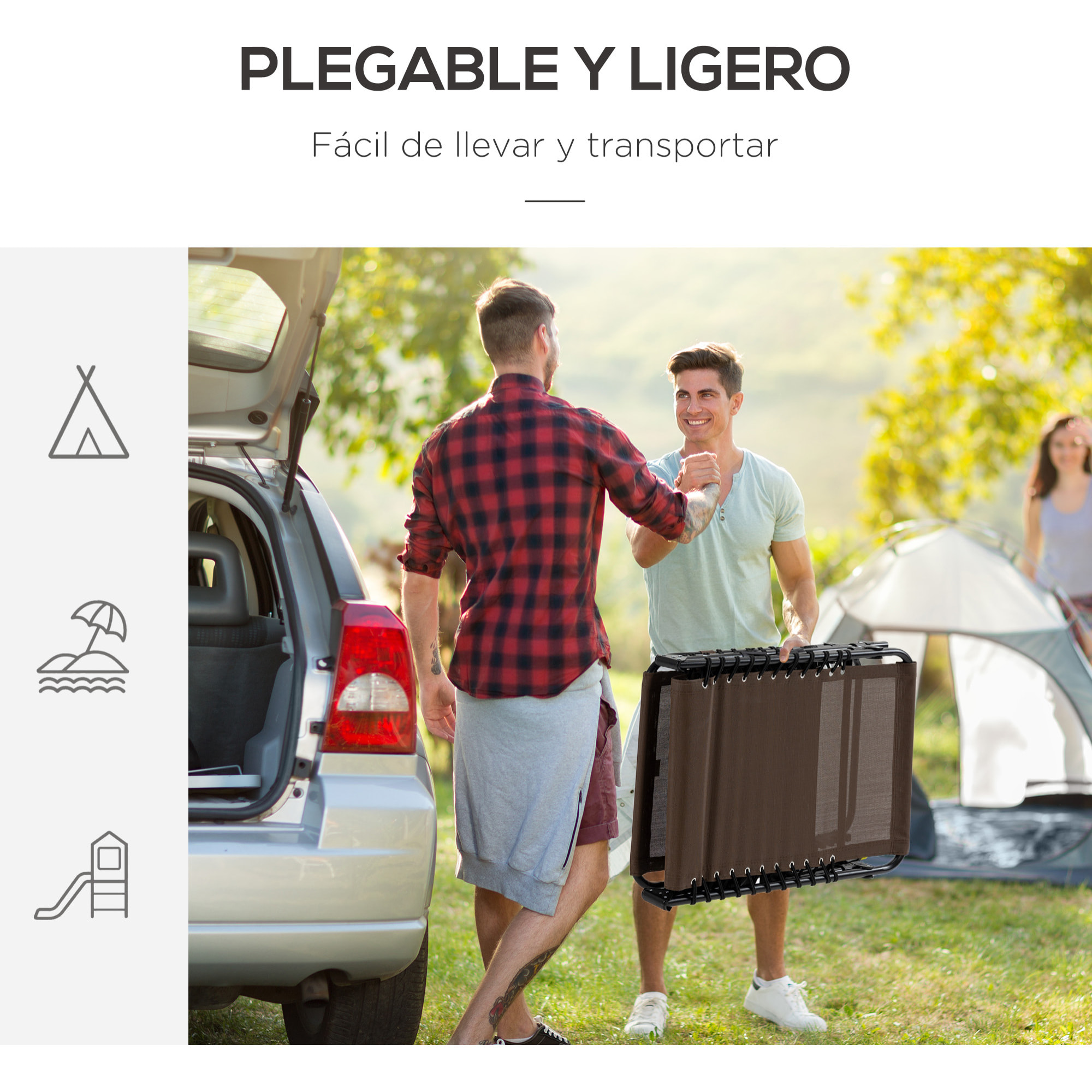 Tumbona Plegable, Tumbona Jardín Exterior Reclinable 5 Posiciones, con Reposacabezas Acolchado, Bolsillo Lateral y Estructura de Acero, para Terraza, Piscina, 189x58x30 cm, Marrón