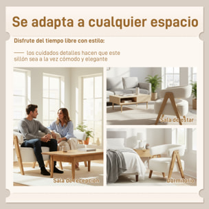 Butaca de Salón Tapizada en Borreguito, Sillón de Lectura Acolchado Grueso y Moderno, Asiento Ancho, Patas de Madera, Respaldo Curvado, para Dormitorio, Oficina, Blanco