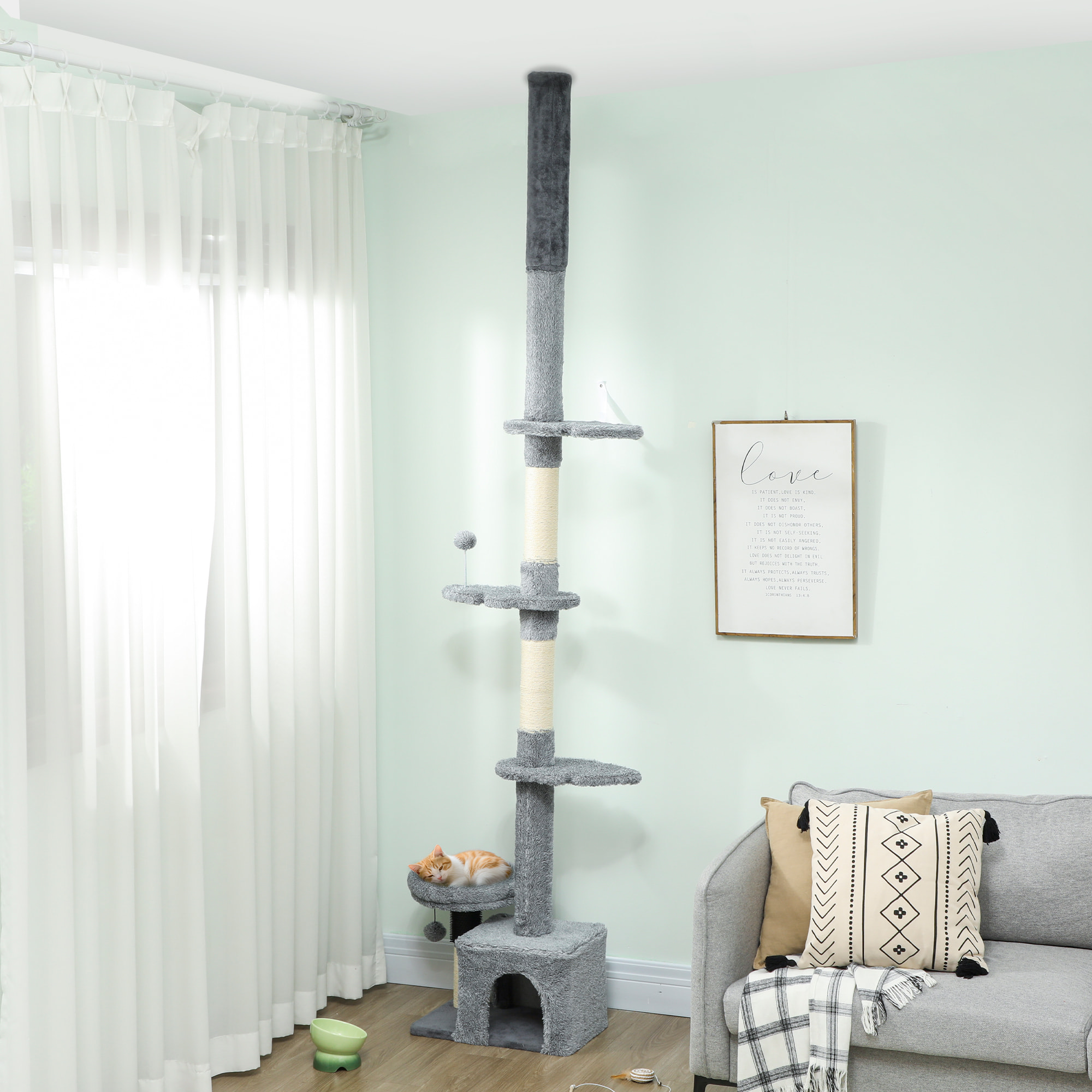 Arbre à chat du sol au plafond H.225-255cm - arbre à chat tour réglable - niche, plateformes, griffoirs, boules - gris