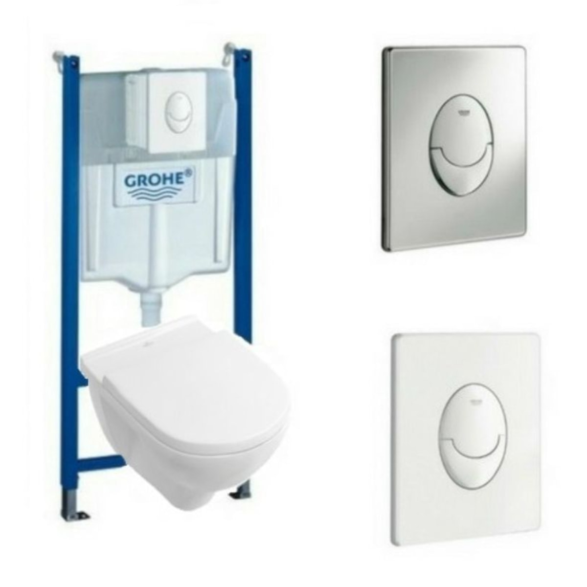 Pack WC suspendu sans bride O.novo + abattant + plaque blanche + bâti Grohe