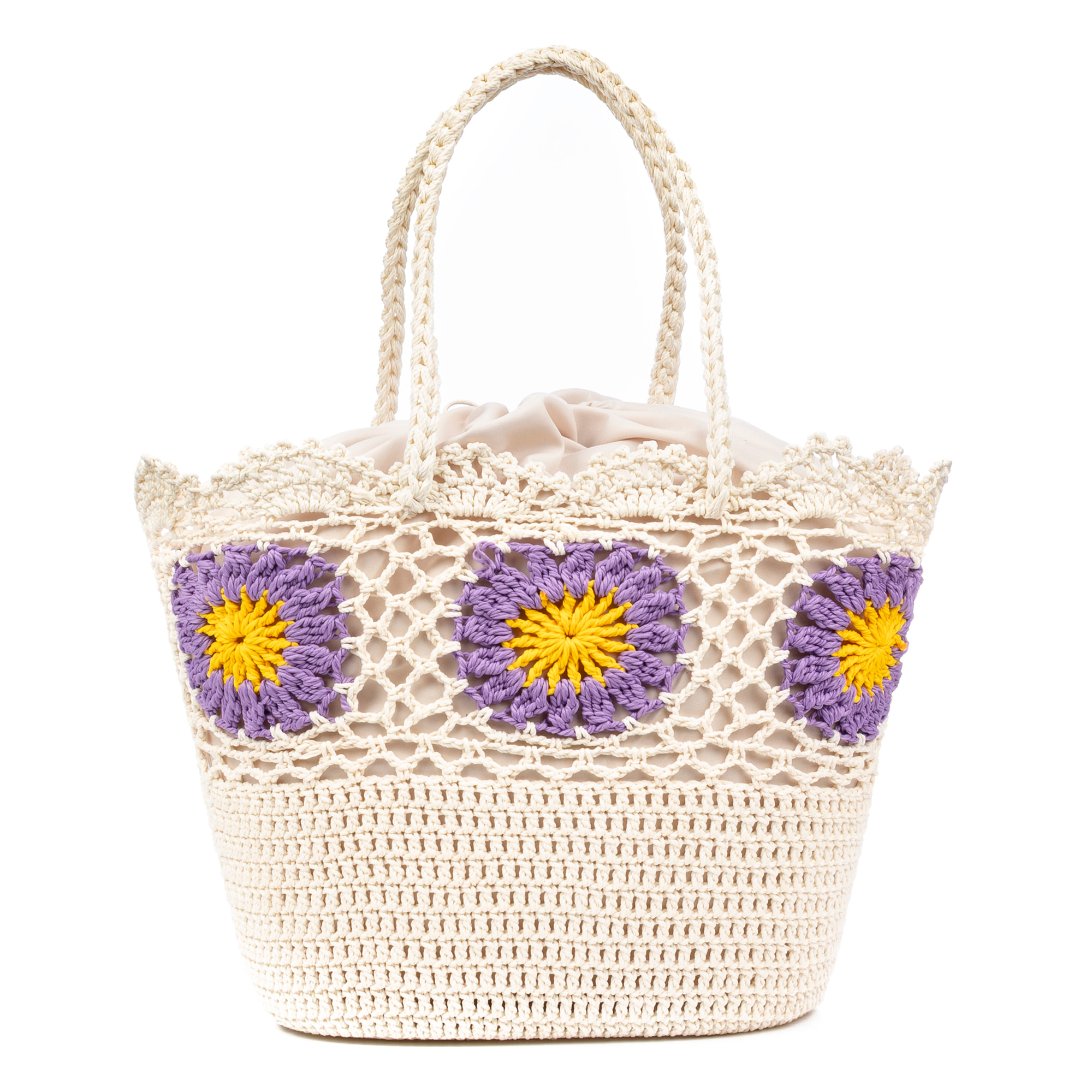 Villaga borsa a spalla donna. Realizzata in cotone, con fiori decorativi.