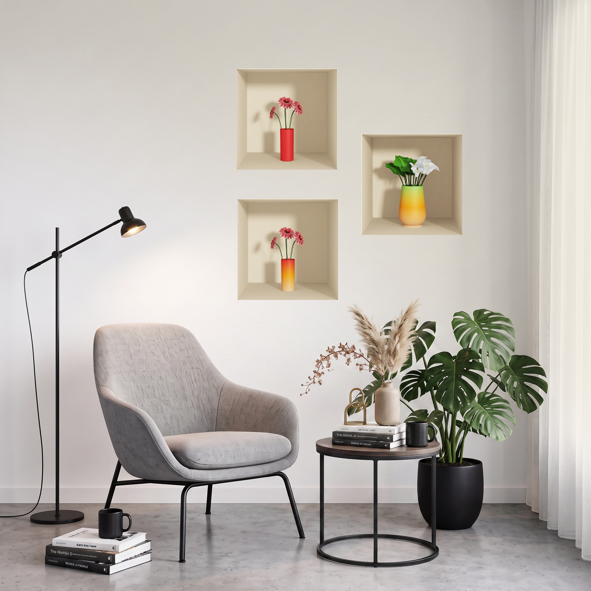 Stickers muraux 3D | Sticker Mural Autocollant effet 3D fleurs rouge et blanc - Stickers adhésifs 3D Chambre Salon Trompe l'oeil
