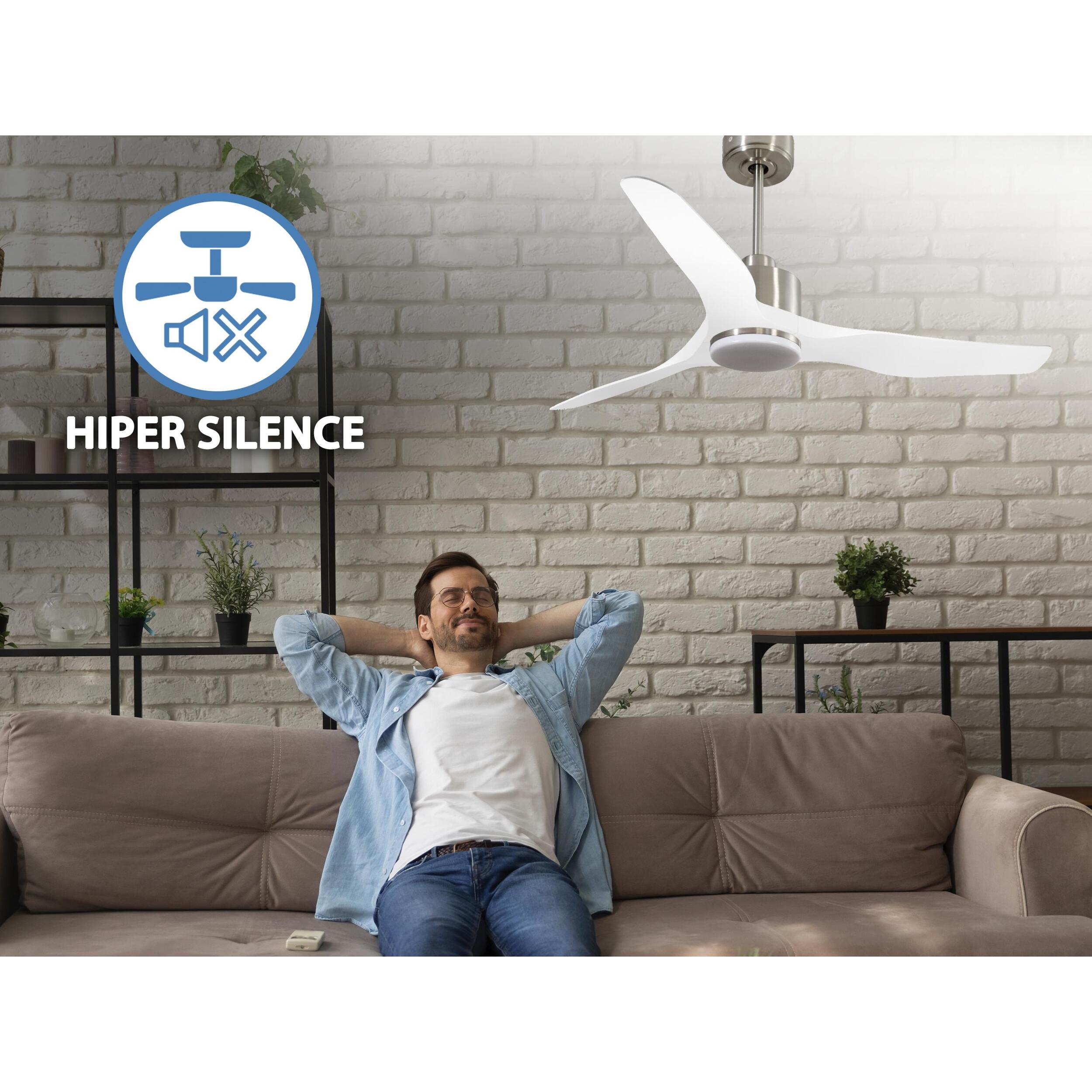 Ventilador de techo Reversible Termostato Dimable Wifi Motor DC Techos Inclinados Mando a Distancia Luz tres tonos Adaptador 2/3 Aspas Hypersilence Memoria ThassosD127C03LED65043 PURLINE