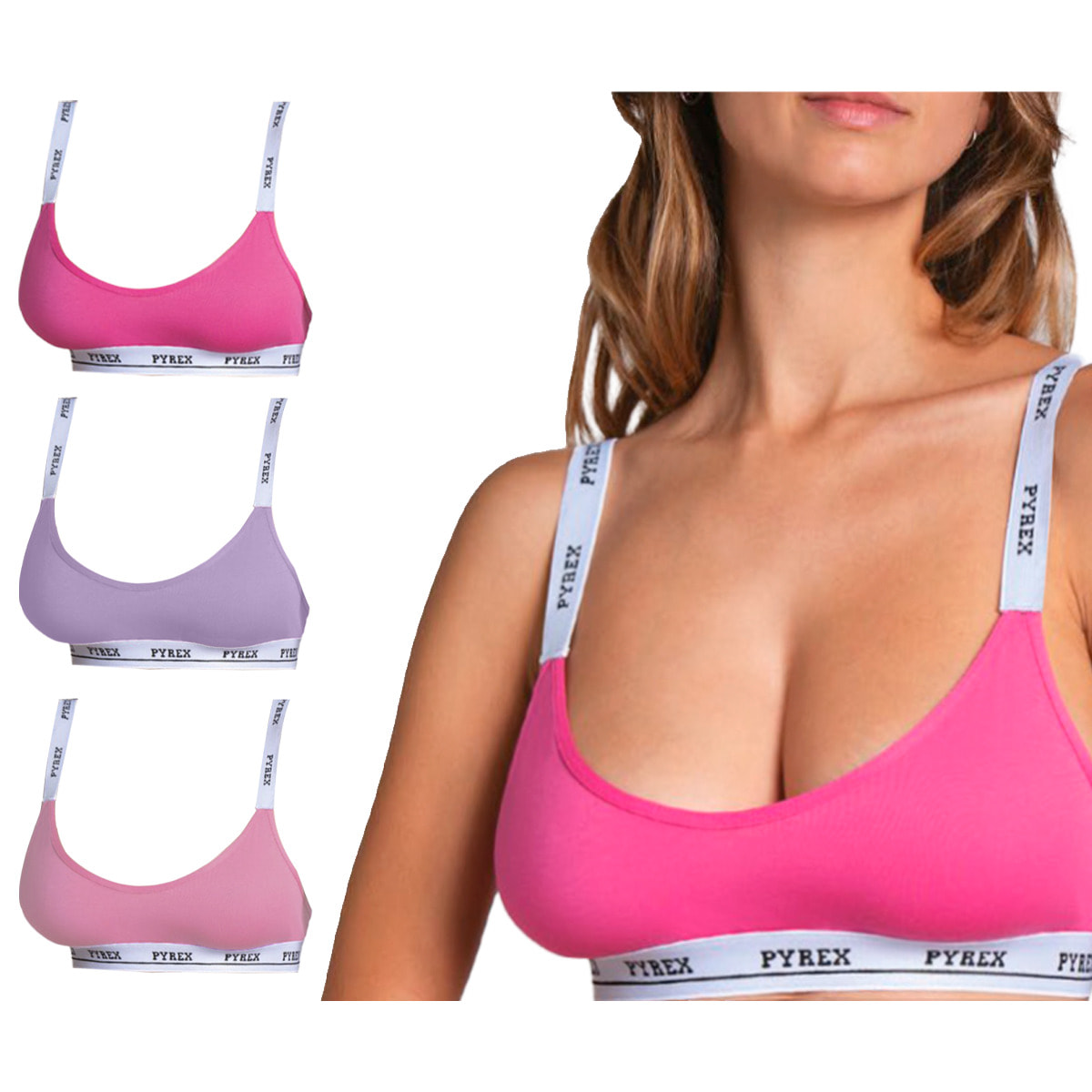 Pyrex Brassiere Donna in Cotone, Art.PRC71 Conf da 3 PZ. Ass (Fucsia - Lilla - Rosa)