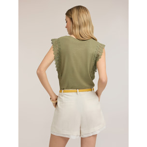 Motivi - T-shirt in misto lino con inserti in pizzo - Verde militare