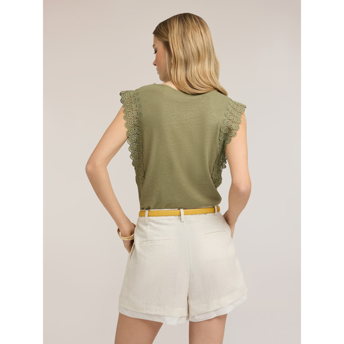 Motivi - T-shirt in misto lino con inserti in pizzo - Verde militare