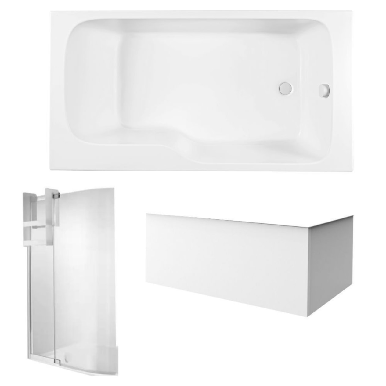 Pack baignoire bain douche 160 x 85 Malice version droite blanc mat + tablier en angle + pare bain + étagère