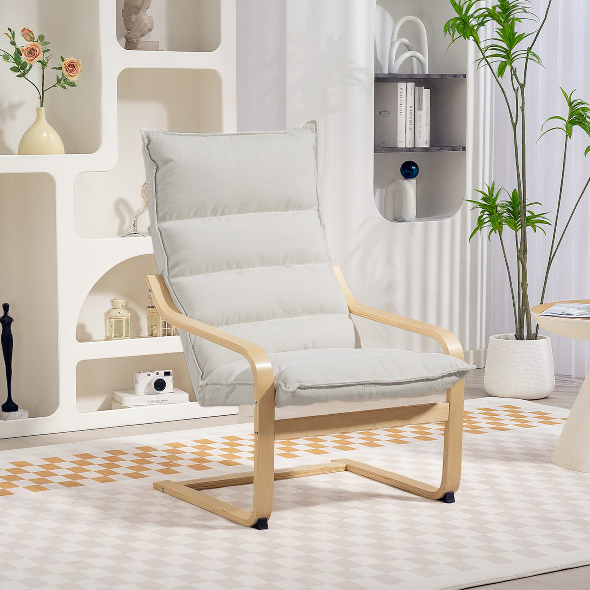 Fauteuil lounge de salon bois de bouleau tissu matelassé beige