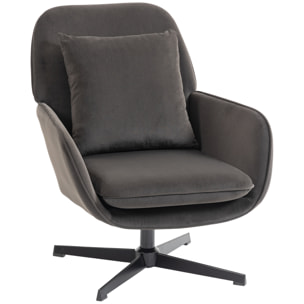 Fauteuil lounge design pivotant acier noir velours anthracite