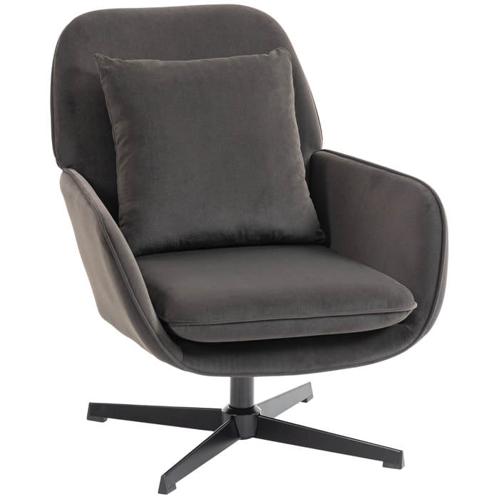 Fauteuil lounge design pivotant acier noir velours anthracite