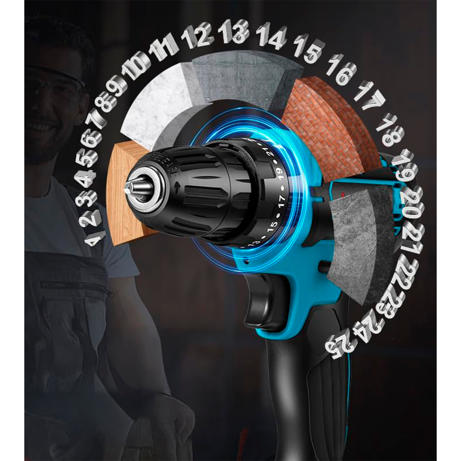 Set di attrezzi con valigetta, trapano elettrico senza fili e 28 accessori.