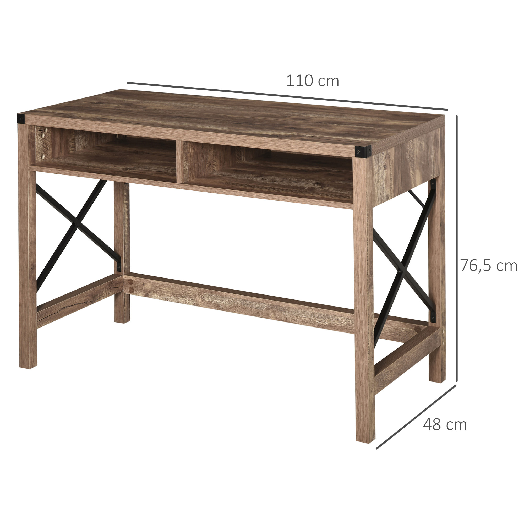 Bureau design industriel grand plateau 2 niches métal noir panneaux particules imitation bois veinage marron