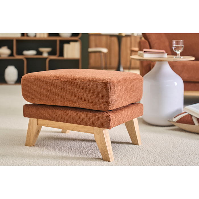 Pouf repose-pieds scandinave en tissu chenille terre brûlée et bois clair OSLO