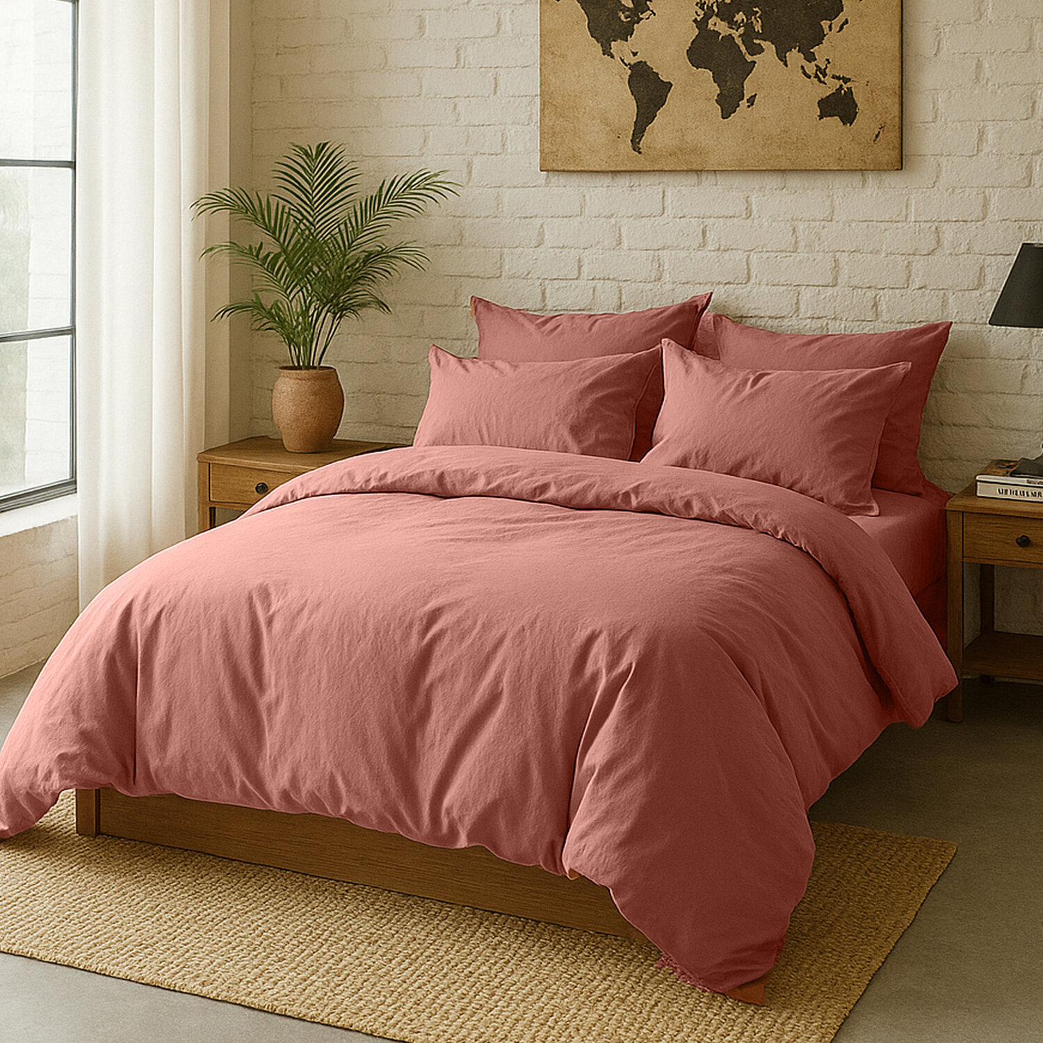 Housse de couette 100% percale de coton lavé rose profond