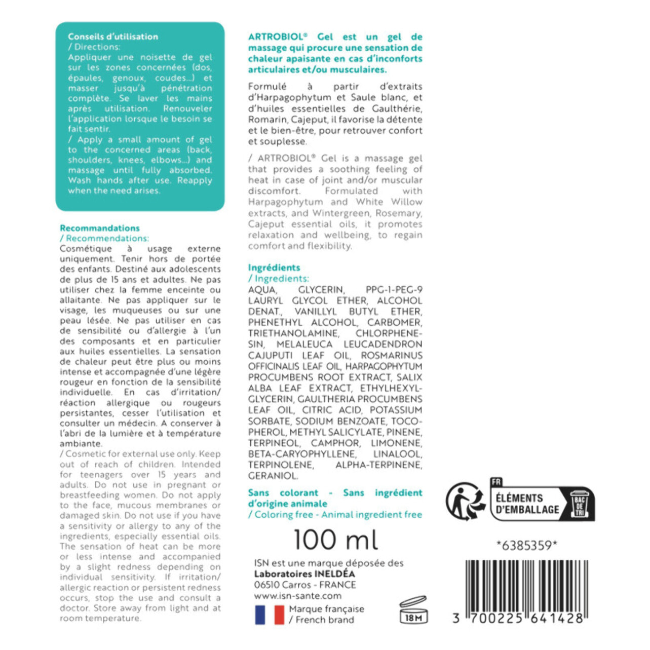 ISN - ARTROBIOL Gel - Confort articulaire et musculaire - Gel de massage chauffant - Effet apaisant - Tube 100 ml