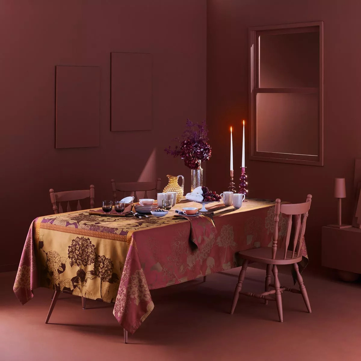 Serviette pur coton motif jacquard bordeaux orange Hortensias rouille