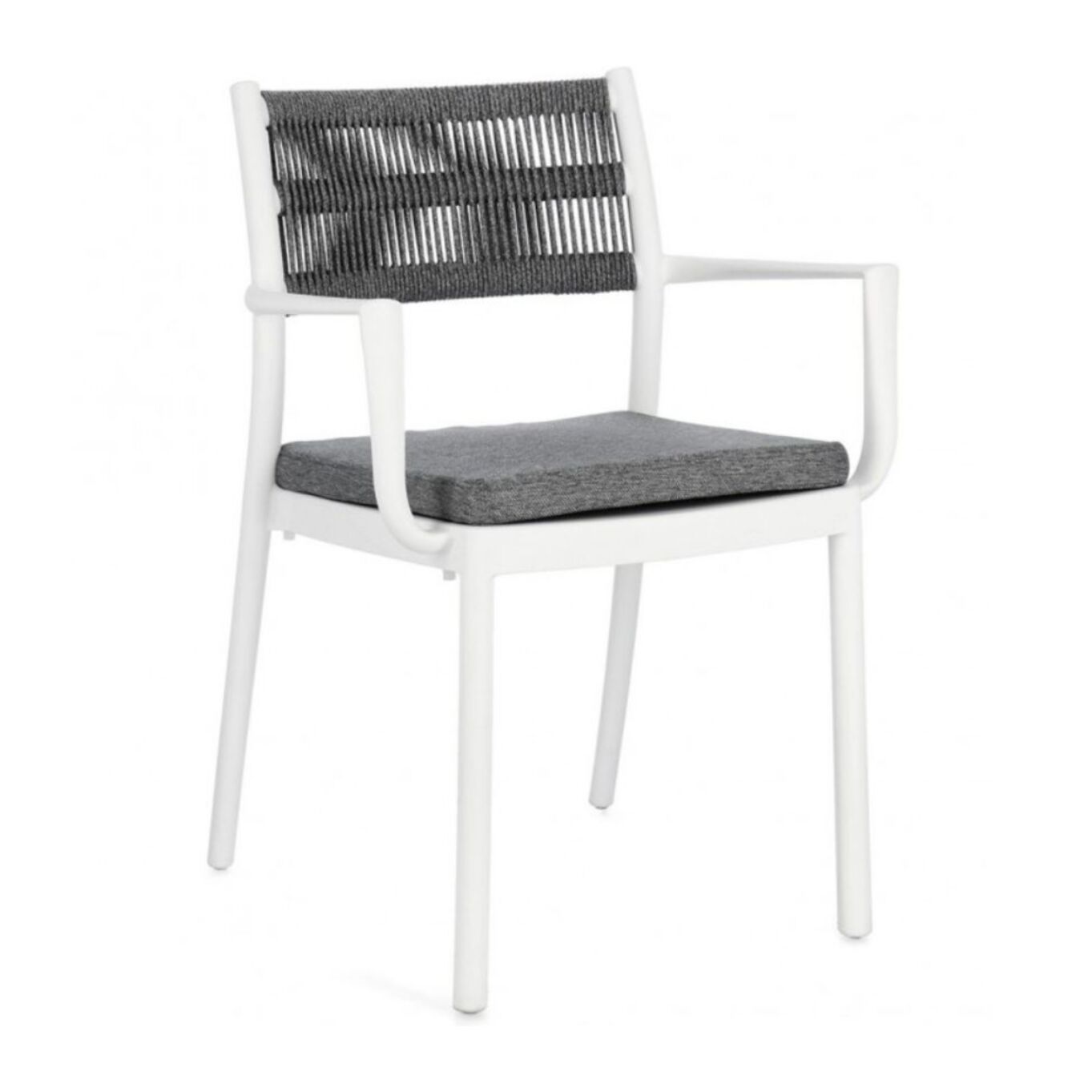 Set di 4 sedie ALVIN in polipropilene bianco e corda intrecciata grigio scuro, con braccioli