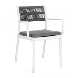 Set di 4 sedie ALVIN in polipropilene bianco e corda intrecciata grigio scuro, con braccioli