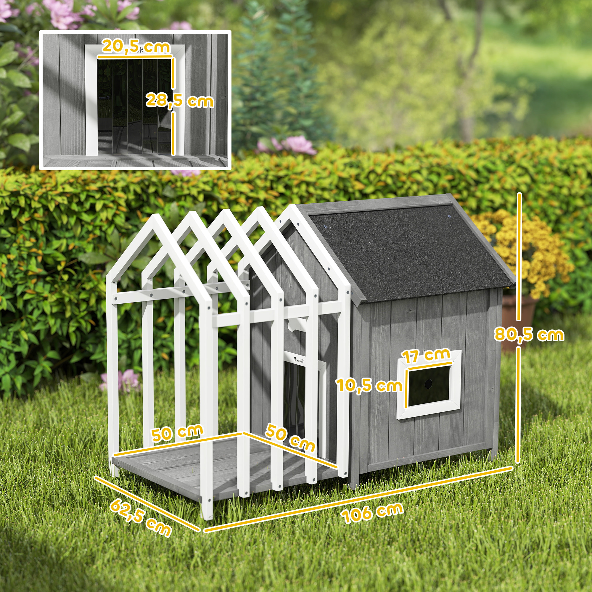 Niche villa pour chien sur pied - terrasse, claustra, auvent, porte, fenêtre, toit bitumé - bois blanc gris