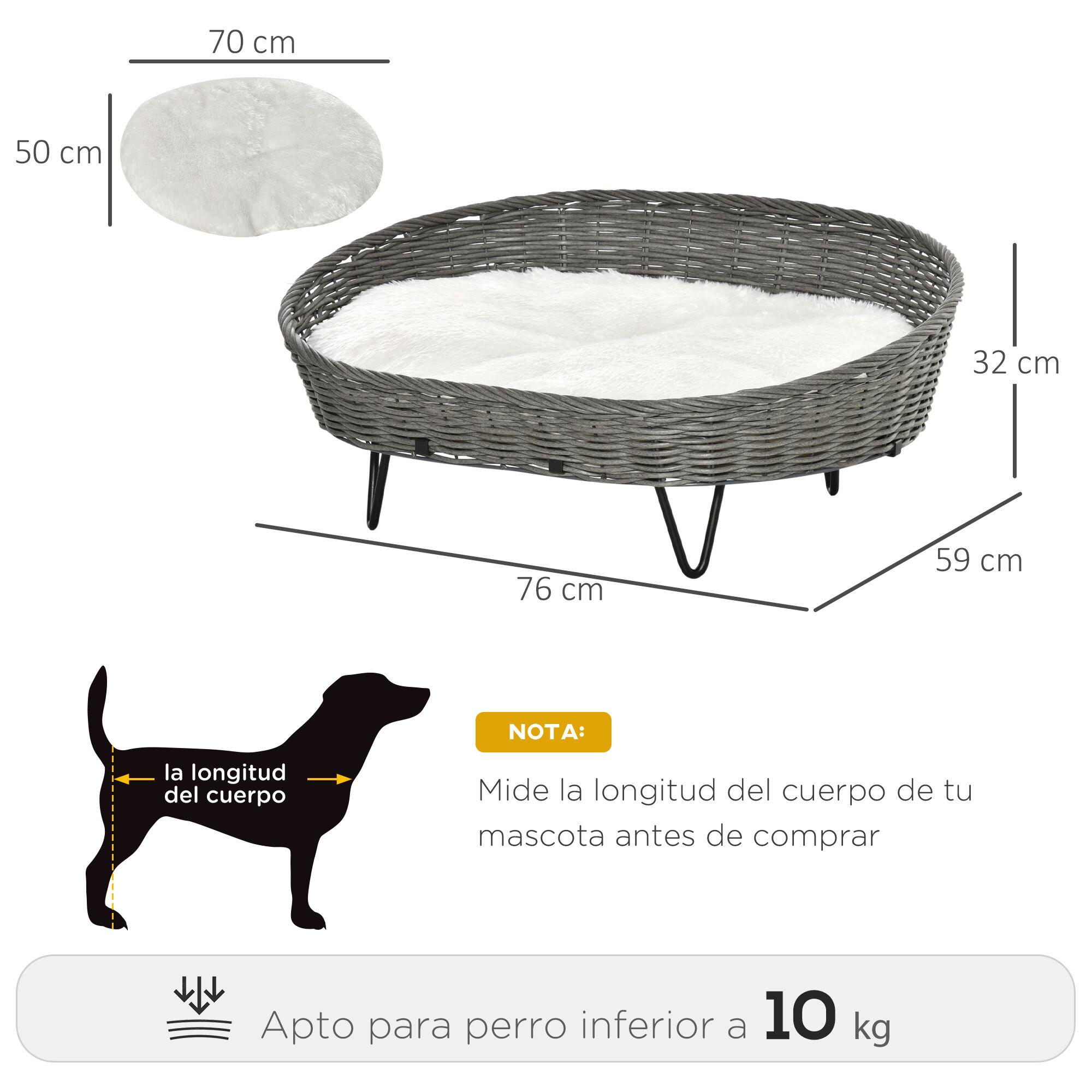 Cama para Perros Gatos de Mimbre Cesta Ratán para Mascotas Medianas Pequeñas con Cojín Lavable y Patas Elevadas de Acero 76x59x32 cm Gris y Blanco