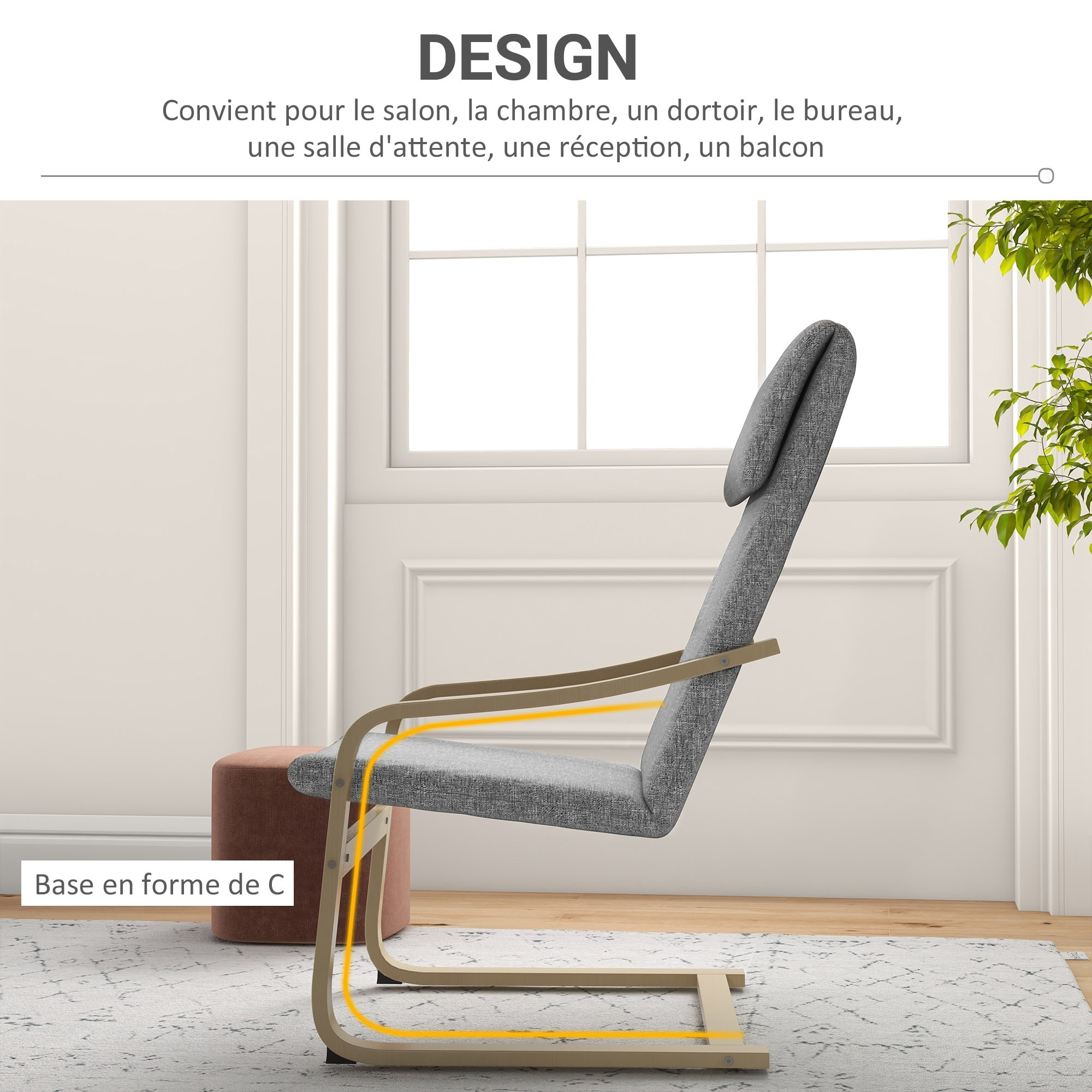 Fauteuil de salon, fauteuil chambre avec accoudoirs incurvés, coussin, chaise de salon en tissu aspect lin, 65 x 79 x 98 cm, gris