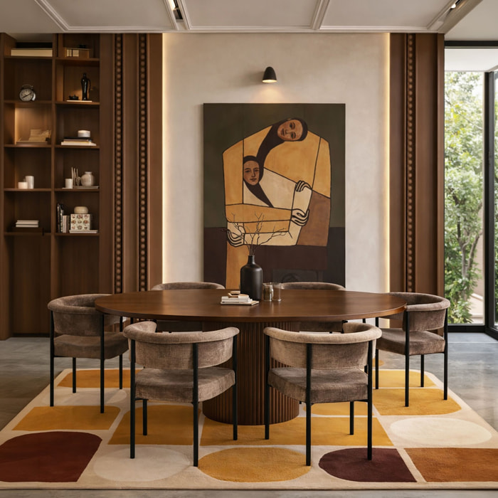 Ensemble table extensible ovale et 6 fauteuils en tissu café