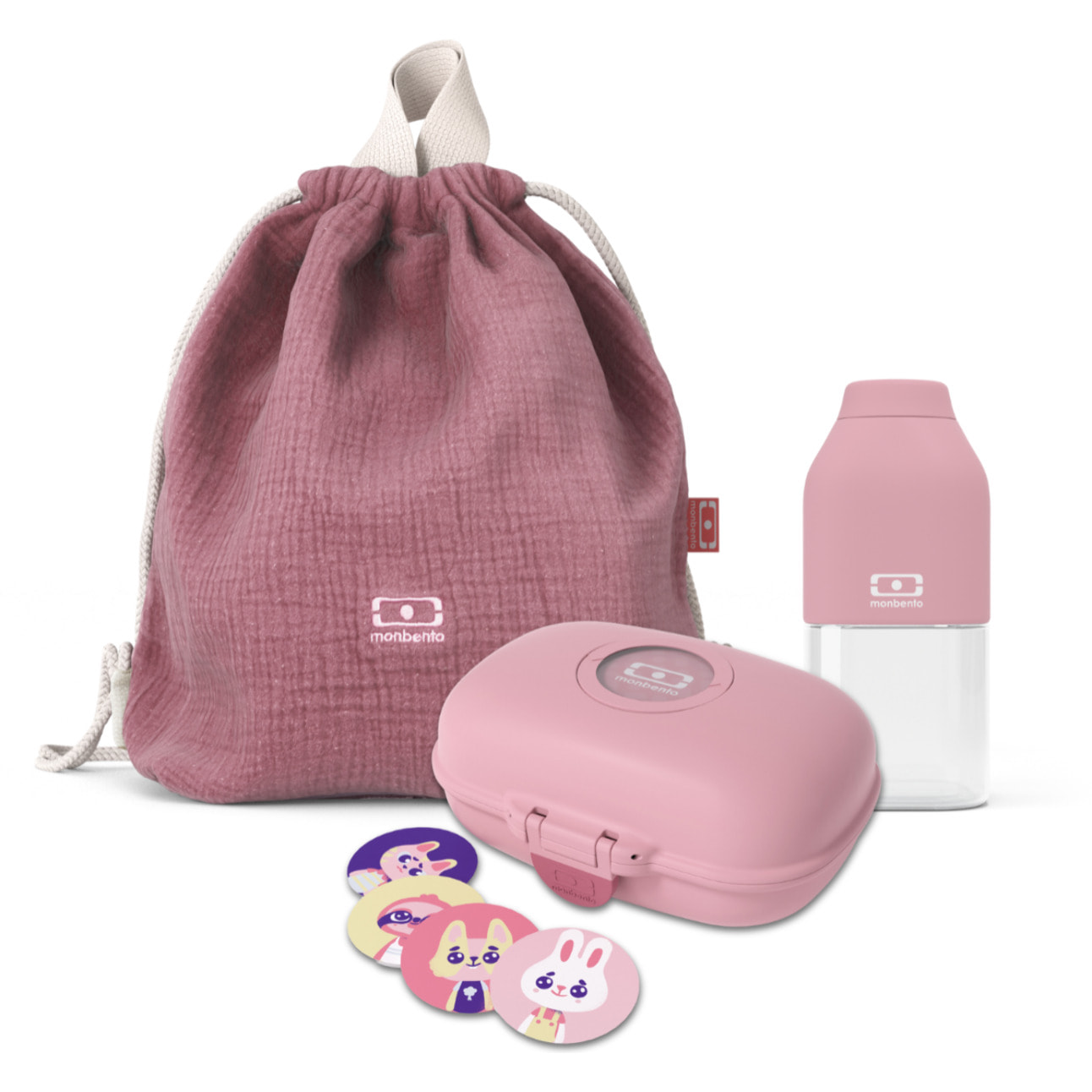 Set enfant rose : sac + boite à goûter + bouteille rose rose