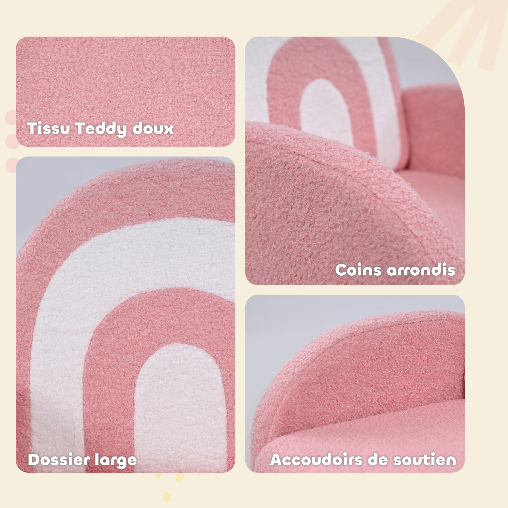 Fauteuil enfant design motif arc en ciel effet laine bouclé grand confort blanc rose