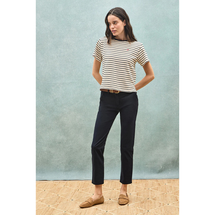 Camiseta de rayas azul marino y beige con monograma bordado