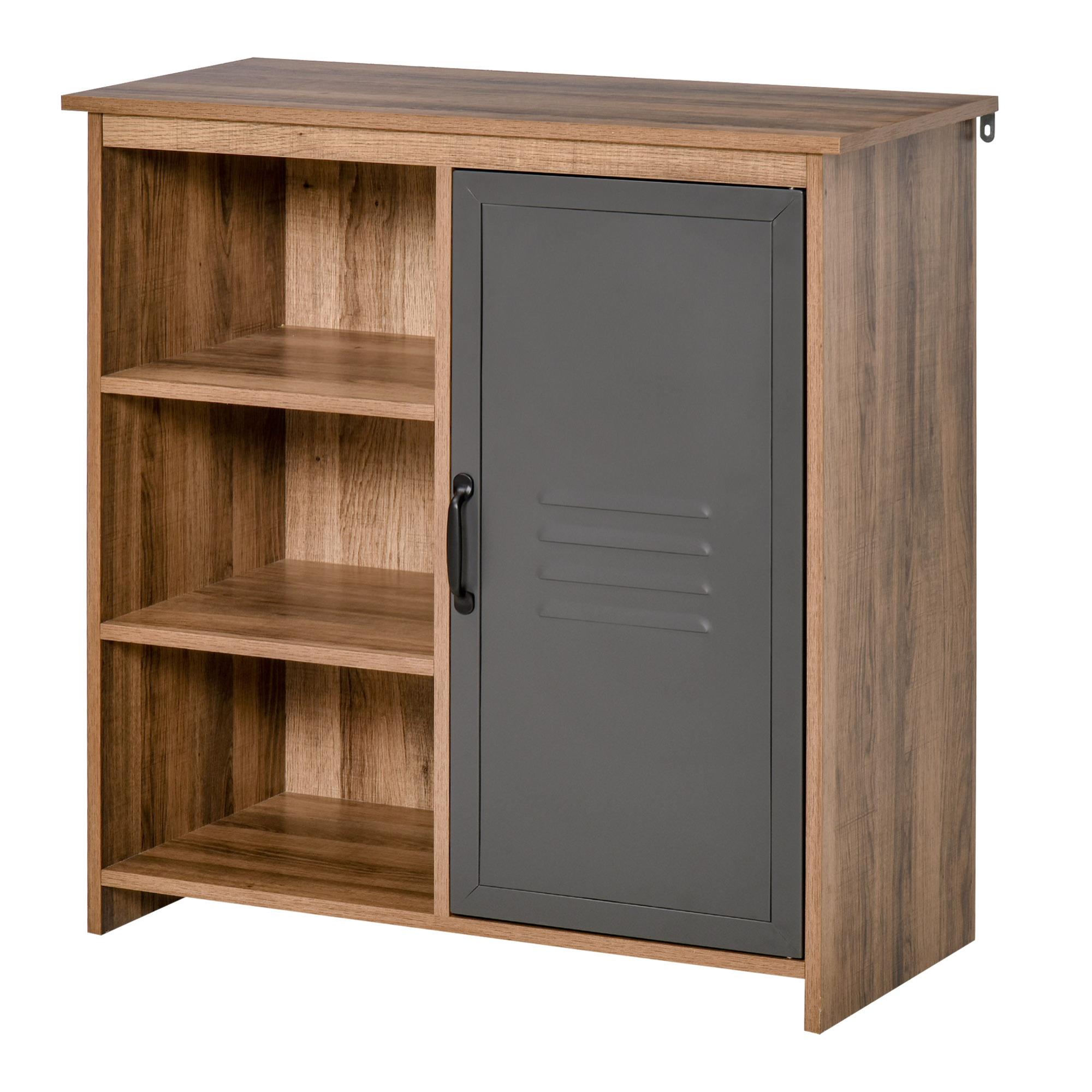 Aparador con Puerta de Metal Mueble Auxiliar con 3 Estantes Abiertos y Armario con Puerta y Balda Ajustable para Salón Cocina 80x35x82 cm Madera Natural