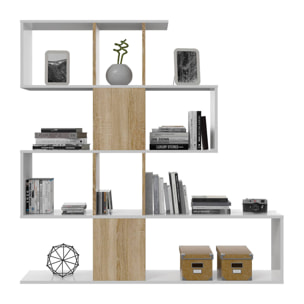 Libreria Pueblo, Mobile portalibri con 7 scomparti, Scaffale moderno da ufficio, Mobile da parete con ripiani, cm 145x29h145, Bianco e Rovere