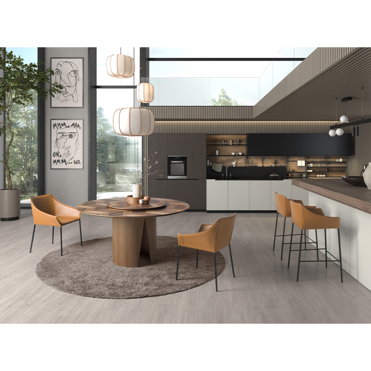 Mesa comedor Angel Cerdá redonda con tapa fija y estructura de madera chapada en nogal natural 150x150x76cm