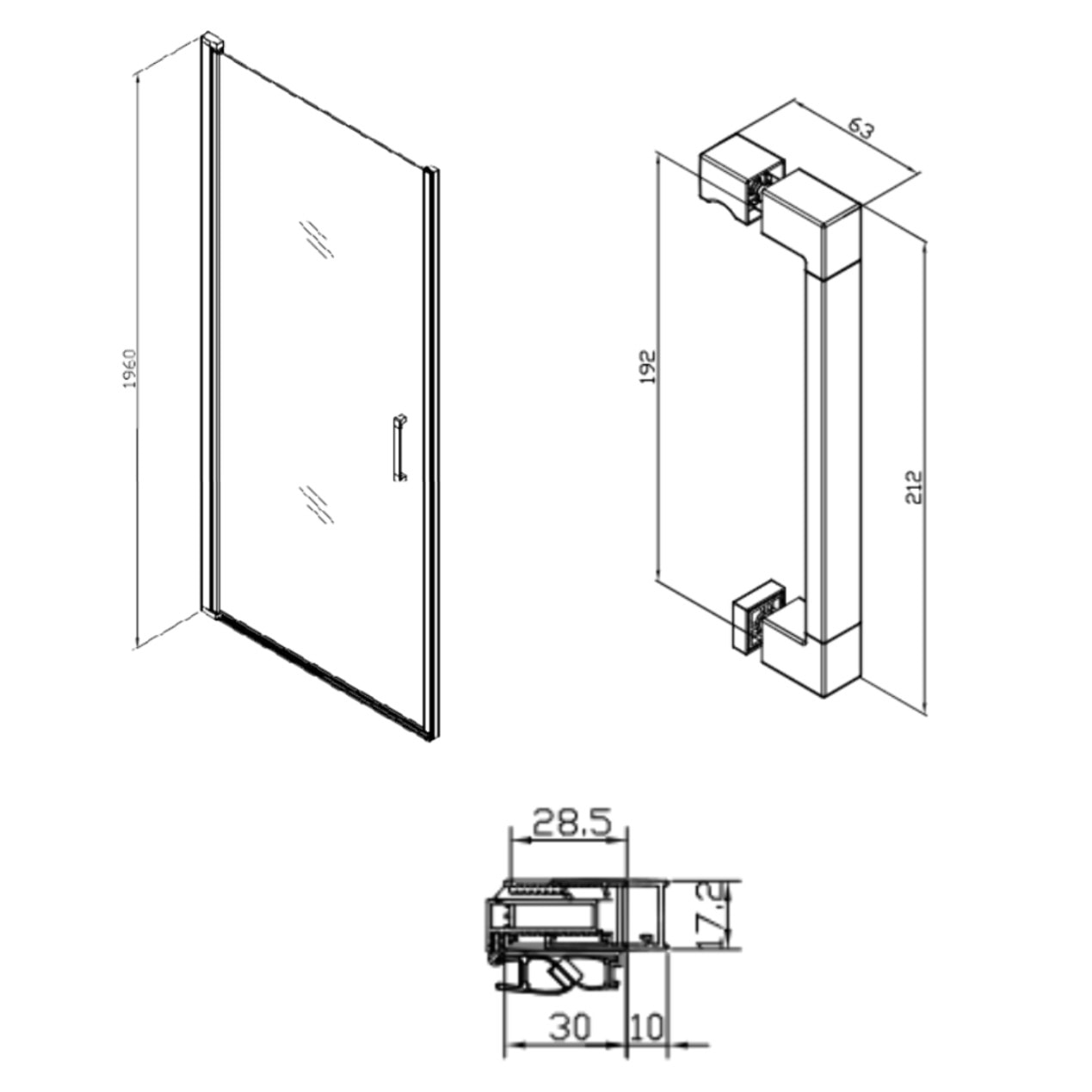Set Porte de douche 90x196 cm transparente + Profilé pour paroi de douche + Poignée pour porte de douche (SATFUD90NIKA)